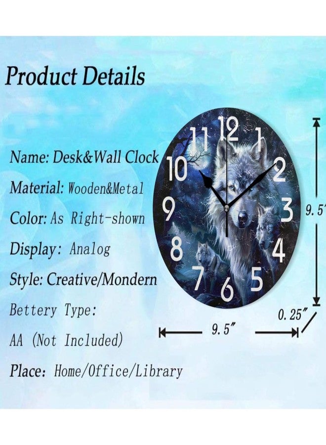 ZzWwR Pretty Magic Night Forest Tree Three Wolves Round Wall Clock, 10 Inch Analog Quiet Non Ticking Desk Clock for Home Kitchen/Living Room/Bedroom/Bathroom/Office - Image 2